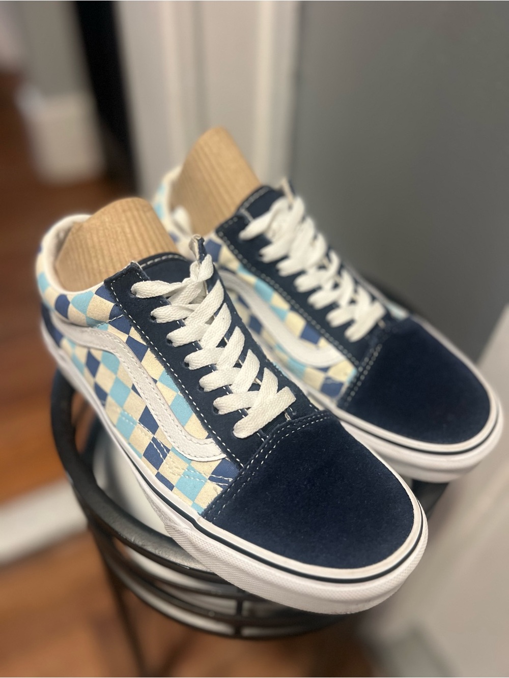 Vans Checkerboard Low Top Sneakers in Navy, Light Blue, White